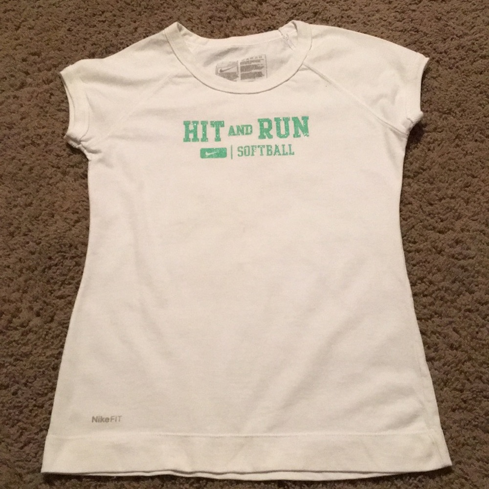 Nike White green glitter Hit & Run Softball shirt Sz Large (14)